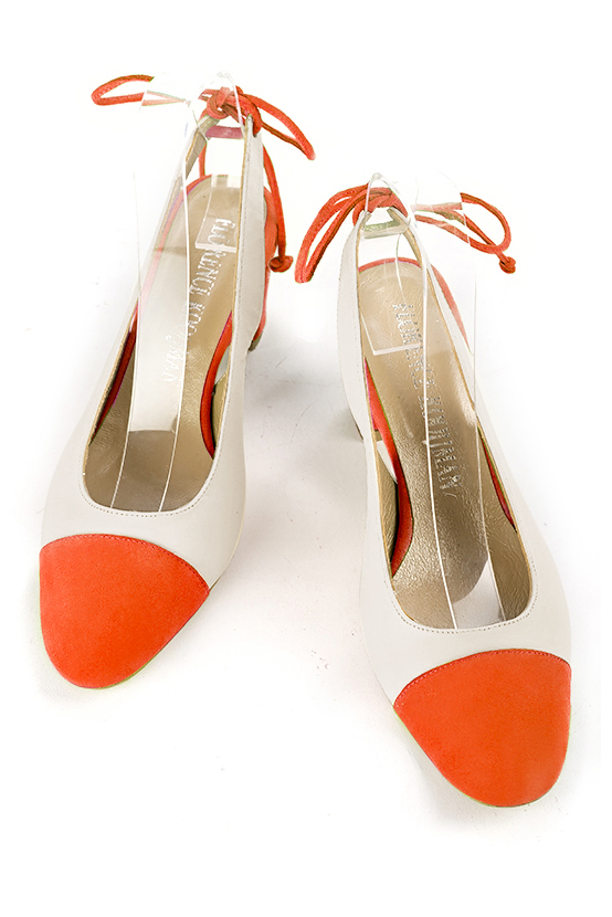 Clementine orange and off white women's slingback shoes. Round toe. Medium block heels. Top view - Florence KOOIJMAN
